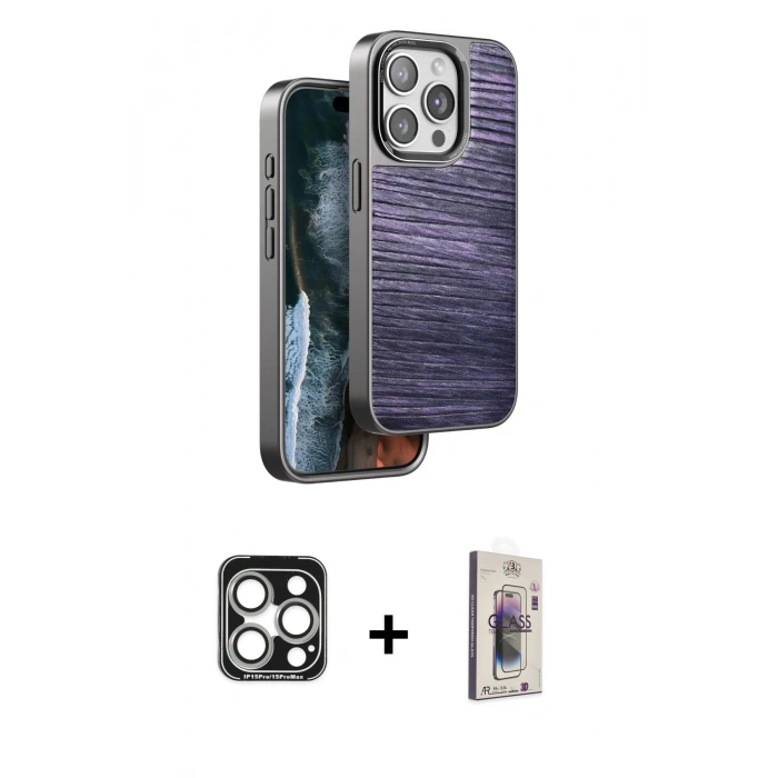 MARSİLYAN™- iPhone 15 Pro Max Kılıf Atlas Minimal Özel Seri - Siyah Bilvis 3D Cam Ekran Koruyucu + PVD Metal Kamera Lens - GS