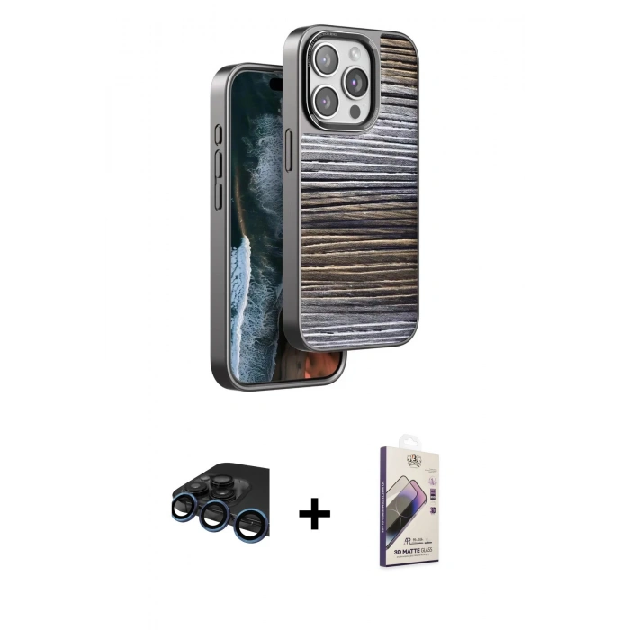 MARSİLYAN™- iPhone 15 Pro Max Kılıf Atlas Minimal Özel Seri - Siyah Bilvis 3D Mat Cam Ekran Koruyucu + Raze Metal Kamera Lens - LT