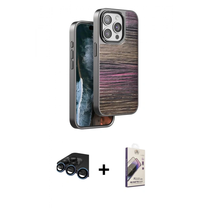 MARSİLYAN™- iPhone 15 Pro Max Kılıf Atlas Minimal Özel Seri - Siyah Bilvis 3D Mat Cam Ekran Koruyucu + Raze Metal Kamera Lens - LT