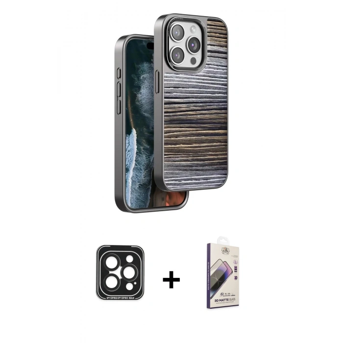 MARSİLYAN™- iPhone 15 Pro Max Kılıf Atlas Minimal Özel Seri - Siyah Bilvis 3D Mat Cam Ekran Koruyucu + PVD Metal Kamera Lens - SH