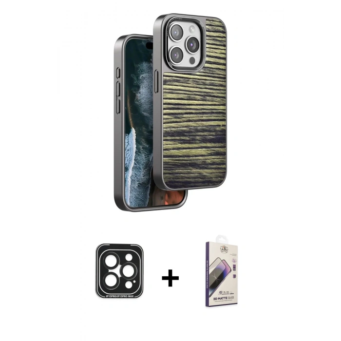 MARSİLYAN™- iPhone 15 Pro Max Kılıf Atlas Minimal Özel Seri - Siyah Bilvis 3D Mat Cam Ekran Koruyucu + PVD Metal Kamera Lens - SH