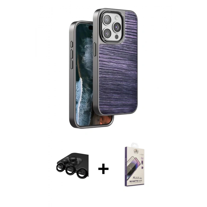 MARSİLYAN™- iPhone 15 Pro Max Kılıf Atlas Minimal Özel Seri - Siyah Bilvis 3D Mat Cam Ekran Koruyucu + Raze Metal Kamera Lens - SH