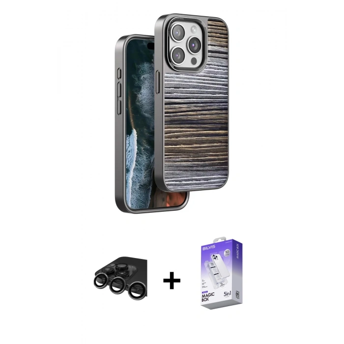 MARSİLYAN™- iPhone 15 Pro Max Kılıf Atlas Minimal Özel Seri - Siyah Bilvis 5in1 3D Magic Cam Ekran Koruyucu + Titanyum Gri Raze Metal Kamera Lens