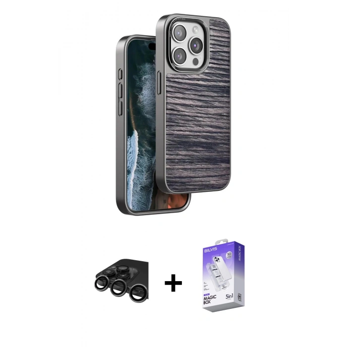 MARSİLYAN™- iPhone 15 Pro Max Kılıf Atlas Minimal Özel Seri - Siyah Bilvis 5in1 3D Magic Cam Ekran Koruyucu + Titanyum Gri Raze Metal Kamera Lens