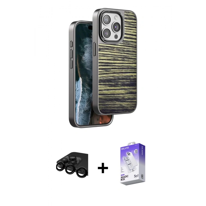 MARSİLYAN™- iPhone 15 Pro Max Kılıf Atlas Minimal Özel Seri - Siyah Bilvis 5in1 3D Magic Cam Ekran Koruyucu + Raze Metal Kamera Lens - SH