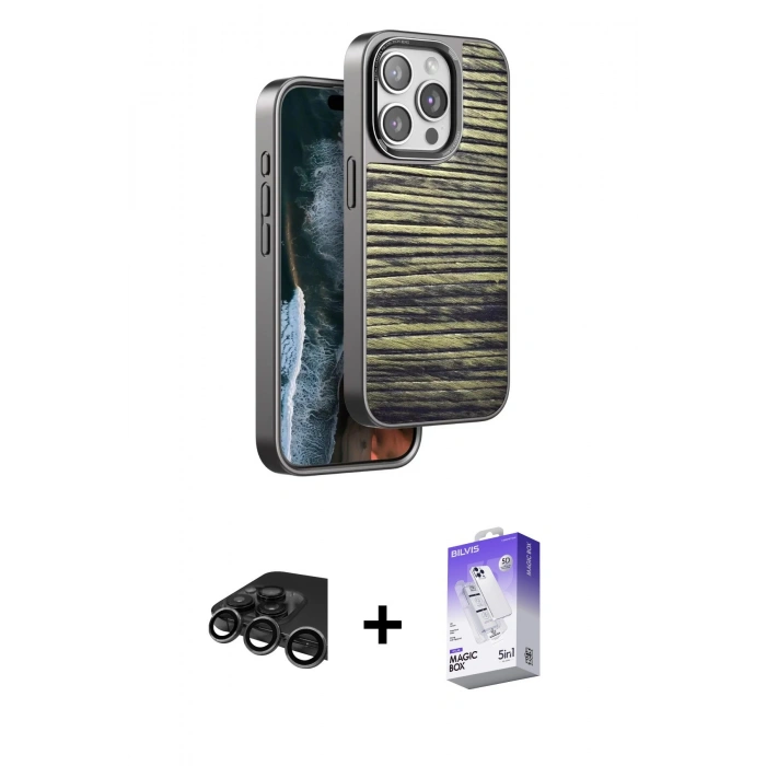 MARSİLYAN™- iPhone 15 Pro Max Kılıf Atlas Minimal Özel Seri - Siyah Bilvis 5in1 3D Magic Cam Ekran Koruyucu + Titanyum Gri Raze Metal Kamera Lens