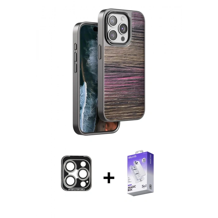 MARSİLYAN™- iPhone 15 Pro Max Kılıf Atlas Minimal Özel Seri - Siyah Bilvis 5in1 3D Magic Cam Ekran Koruyucu + PVD Metal Kamera Lens - GS