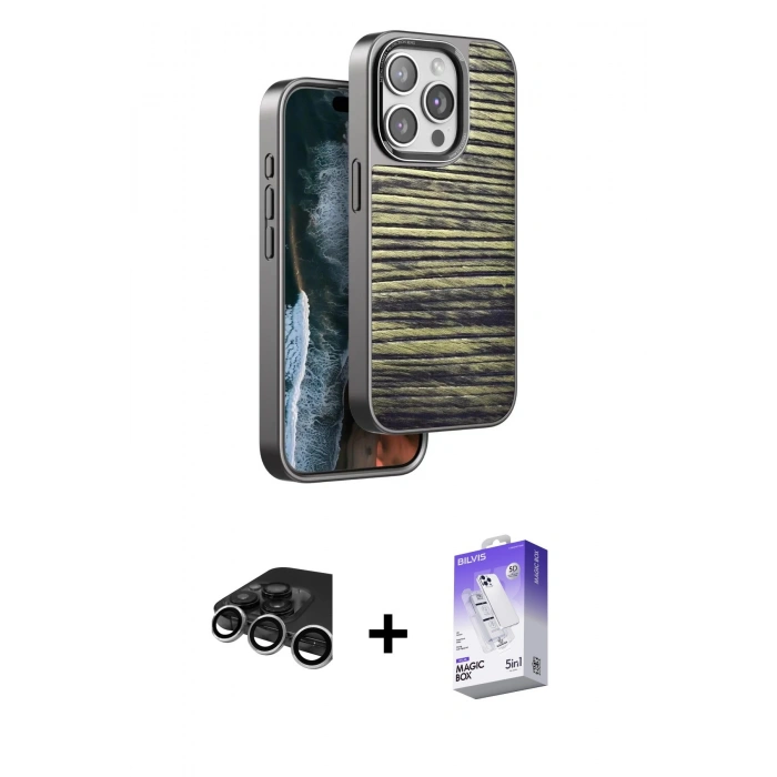 MARSİLYAN™- iPhone 15 Pro Max Kılıf Atlas Minimal Özel Seri - Siyah Bilvis 5in1 3D Magic Cam Ekran Koruyucu + Gümüş Raze Metal Kamera Lens