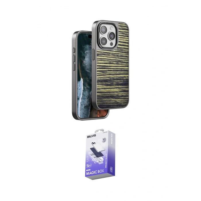 MARSİLYAN™- iPhone 15 Pro Max Kılıf Atlas Minimal Özel Seri - Siyah Bilvis 5in1 5D Magic Hayalet Cam Ekran Koruyucu