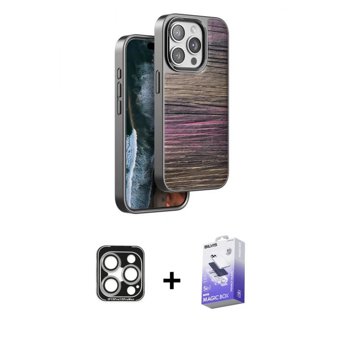MARSİLYAN™- iPhone 15 Pro Max Kılıf Atlas Minimal Özel Seri - Siyah Bilvis 5in1 5D Magic Hayalet Cam Ekran Koruyucu + PVD Metal Kamera Lens - GS