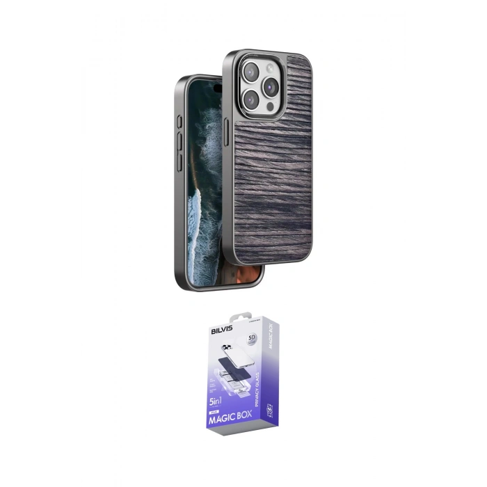MARSİLYAN™- iPhone 15 Pro Max Kılıf Atlas Minimal Özel Seri - Siyah Bilvis 5in1 5D Magic Hayalet Cam Ekran Koruyucu