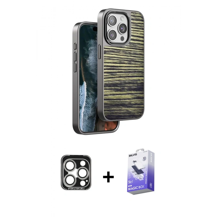 MARSİLYAN™- iPhone 15 Pro Max Kılıf Atlas Minimal Özel Seri - Siyah Bilvis 5in1 5D Magic Hayalet Cam Ekran Koruyucu + PVD Metal Kamera Lens - GS