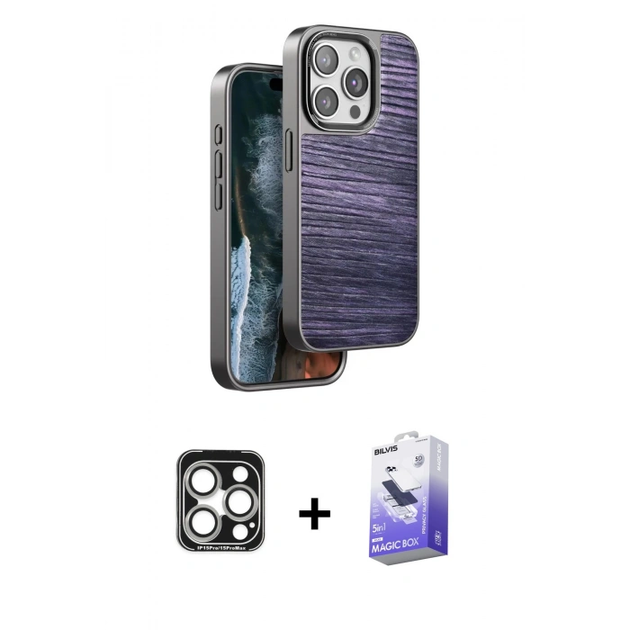 MARSİLYAN™- iPhone 15 Pro Max Kılıf Atlas Minimal Özel Seri - Siyah Bilvis 5in1 5D Magic Hayalet Cam Ekran Koruyucu + PVD Metal Kamera Lens - GS