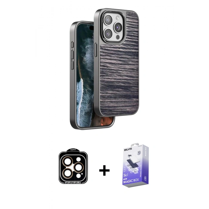 MARSİLYAN™- iPhone 15 Pro Max Kılıf Atlas Minimal Özel Seri - Siyah Bilvis 5in1 5D Magic Hayalet Cam Ekran Koruyucu + PVD Metal Kamera Lens - TU