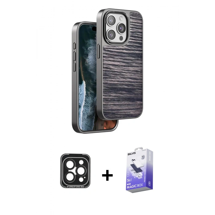 MARSİLYAN™- iPhone 15 Pro Max Kılıf Atlas Minimal Özel Seri - Siyah Bilvis 5in1 5D Magic Hayalet Cam Ekran Koruyucu + PVD Metal Kamera Lens - SH