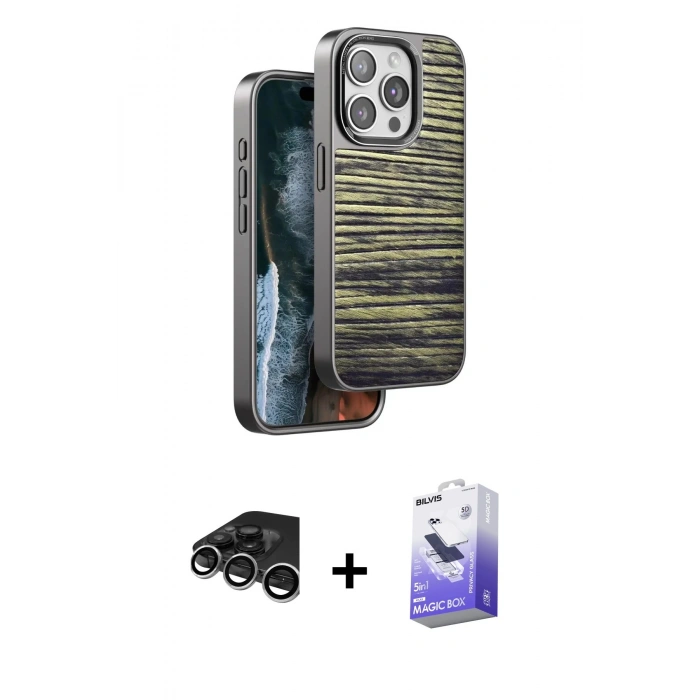 MARSİLYAN™- iPhone 15 Pro Max Kılıf Atlas Minimal Özel Seri - Siyah Bilvis 5in1 5D Magic Hayalet Cam Ekran Koruyucu + Gümüş Raze Metal Kamera Lens