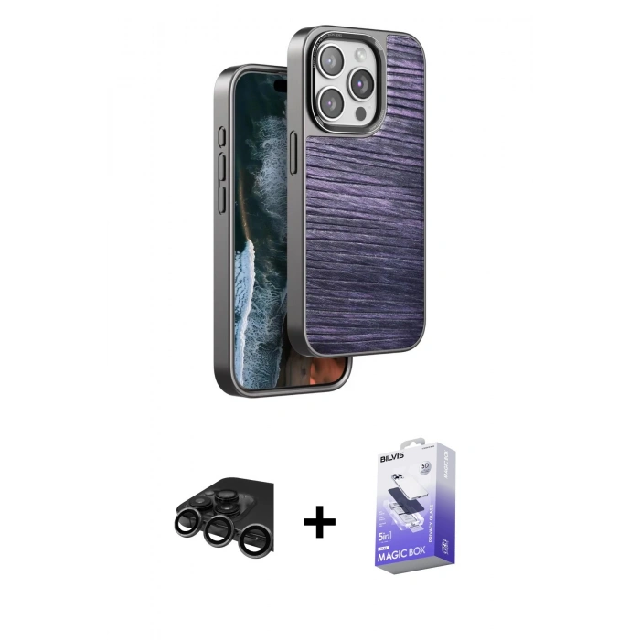 MARSİLYAN™- iPhone 15 Pro Max Kılıf Atlas Minimal Özel Seri - Siyah Bilvis 5in1 5D Magic Hayalet Cam Ekran Koruyucu + Titanyum Gri Raze Metal Kamera Lens