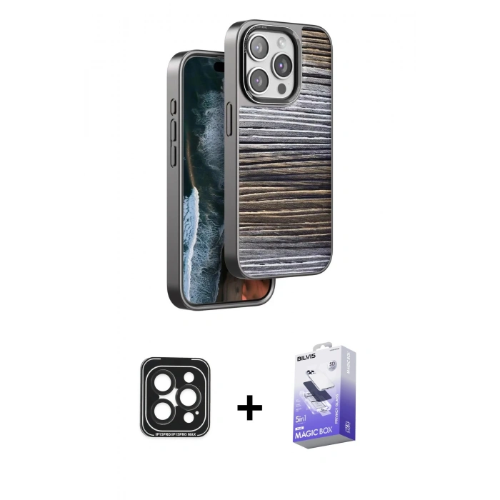 MARSİLYAN™- iPhone 15 Pro Max Kılıf Atlas Minimal Özel Seri - Siyah Bilvis 5in1 5D Magic Hayalet Cam Ekran Koruyucu + PVD Metal Kamera Lens - SH