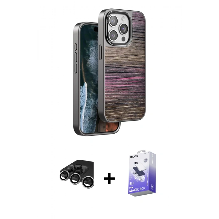 MARSİLYAN™- iPhone 15 Pro Max Kılıf Atlas Minimal Özel Seri - Siyah Bilvis 5in1 5D Magic Hayalet Cam Ekran Koruyucu + Gümüş Raze Metal Kamera Lens