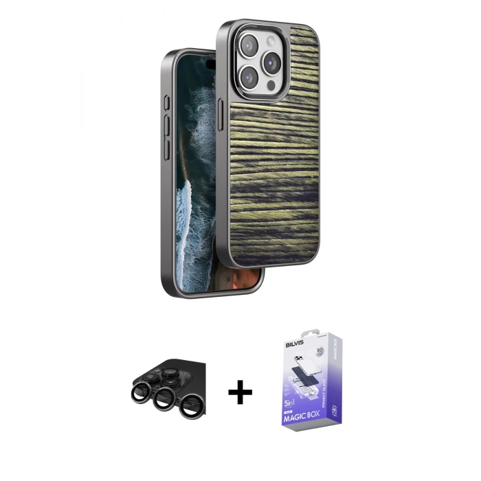 MARSİLYAN™- iPhone 15 Pro Max Kılıf Atlas Minimal Özel Seri - Siyah Bilvis 5in1 5D Magic Hayalet Cam Ekran Koruyucu + Titanyum Gri Raze Metal Kamera Lens