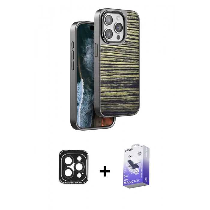 MARSİLYAN™- iPhone 15 Pro Max Kılıf Atlas Minimal Özel Seri - Siyah Bilvis 5in1 5D Magic Hayalet Cam Ekran Koruyucu + PVD Metal Kamera Lens - SH