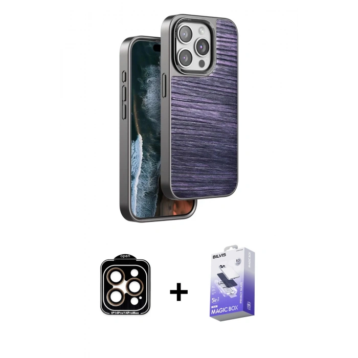 MARSİLYAN™- iPhone 15 Pro Max Kılıf Atlas Minimal Özel Seri - Siyah Bilvis 5in1 5D Magic Hayalet Cam Ekran Koruyucu + PVD Metal Kamera Lens - TU