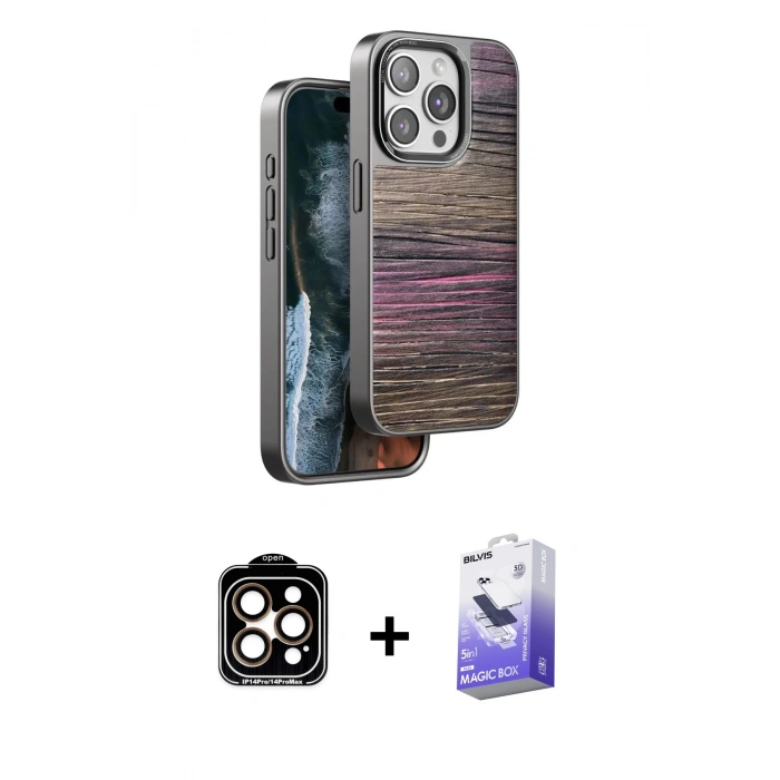 MARSİLYAN™- iPhone 15 Pro Max Kılıf Atlas Minimal Özel Seri - Siyah Bilvis 5in1 5D Magic Hayalet Cam Ekran Koruyucu + PVD Metal Kamera Lens - TU