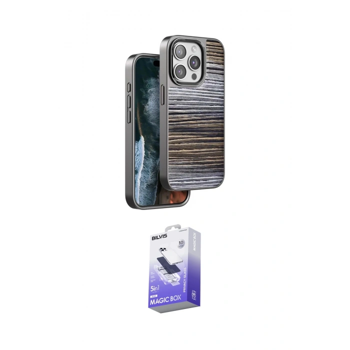 MARSİLYAN™- iPhone 15 Pro Max Kılıf Atlas Minimal Özel Seri - Siyah Bilvis 5in1 5D Magic Hayalet Cam Ekran Koruyucu