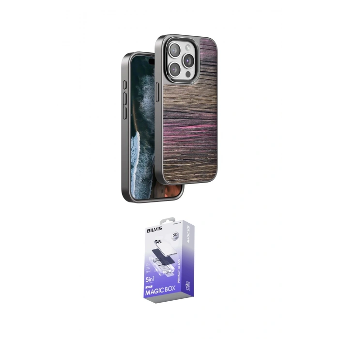 MARSİLYAN™- iPhone 15 Pro Max Kılıf Atlas Minimal Özel Seri - Siyah Bilvis 5in1 5D Magic Hayalet Cam Ekran Koruyucu