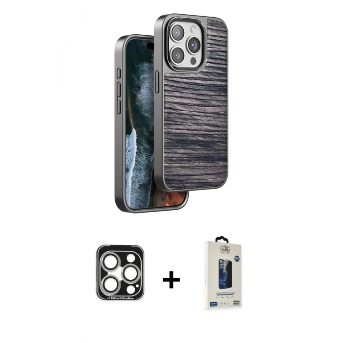MARSİLYAN™- iPhone 15 Pro Max Kılıf Atlas Minimal Özel Seri - Siyah Bilvis Hayalet Cam Ekran Koruyucu + PVD Metal Kamera Lens - GS