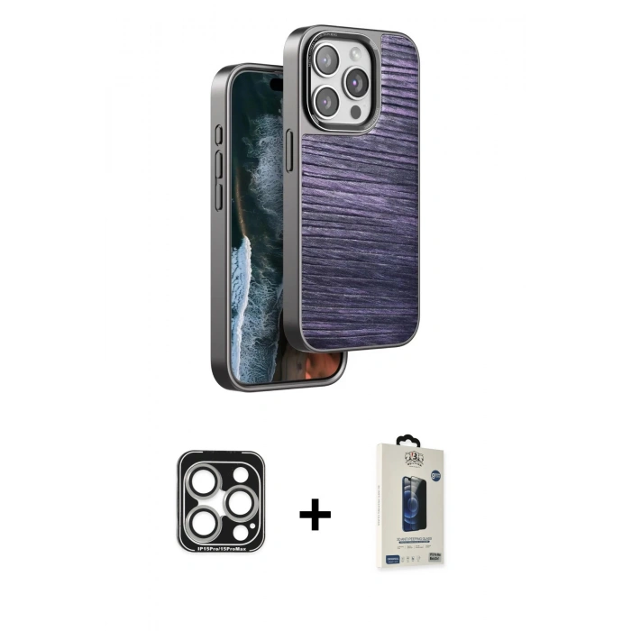 MARSİLYAN™- iPhone 15 Pro Max Kılıf Atlas Minimal Özel Seri - Siyah Bilvis Hayalet Cam Ekran Koruyucu + PVD Metal Kamera Lens - GS