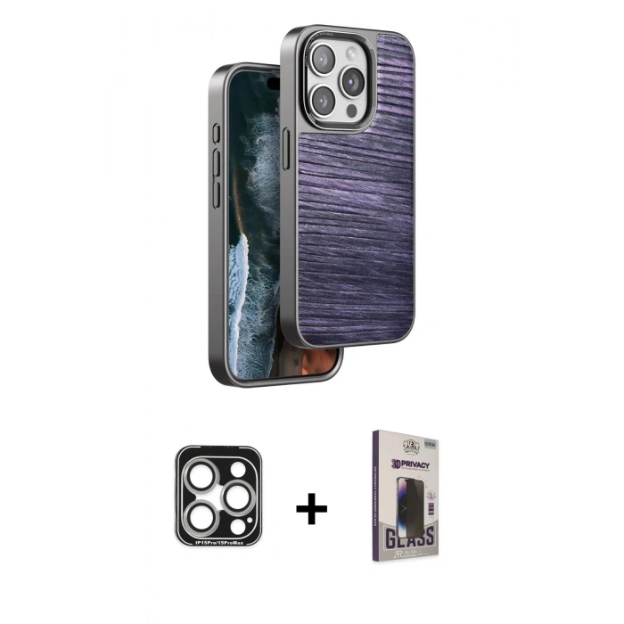 MARSİLYAN™- iPhone 15 Pro Max Kılıf Atlas Minimal Özel Seri - Siyah Bilvis Hayalet Cam Ekran Koruyucu + PVD Metal Kamera Lens - GS
