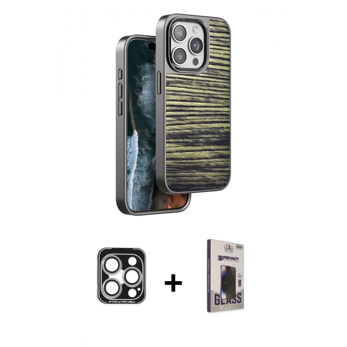 MARSİLYAN™- iPhone 15 Pro Max Kılıf Atlas Minimal Özel Seri - Siyah Bilvis Hayalet Cam Ekran Koruyucu + PVD Metal Kamera Lens - GS