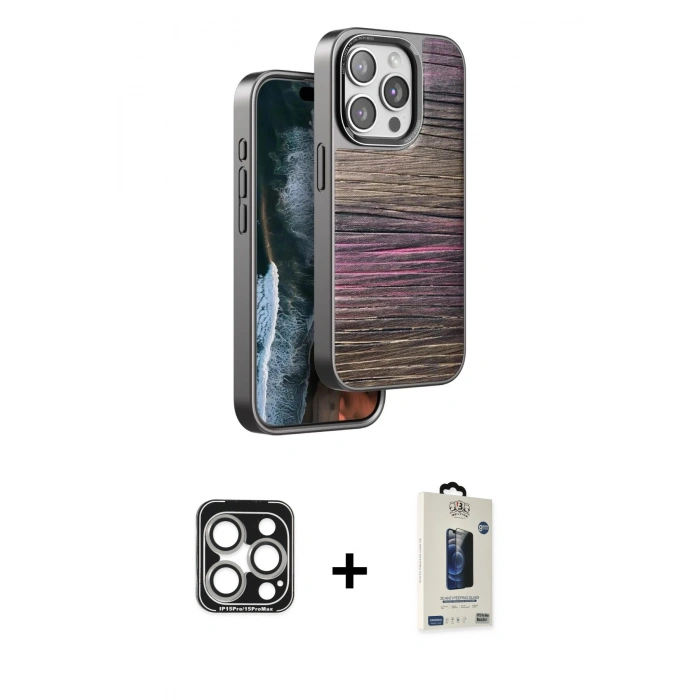 MARSİLYAN™- iPhone 15 Pro Max Kılıf Atlas Minimal Özel Seri - Siyah Bilvis Hayalet Cam Ekran Koruyucu + PVD Metal Kamera Lens - GS