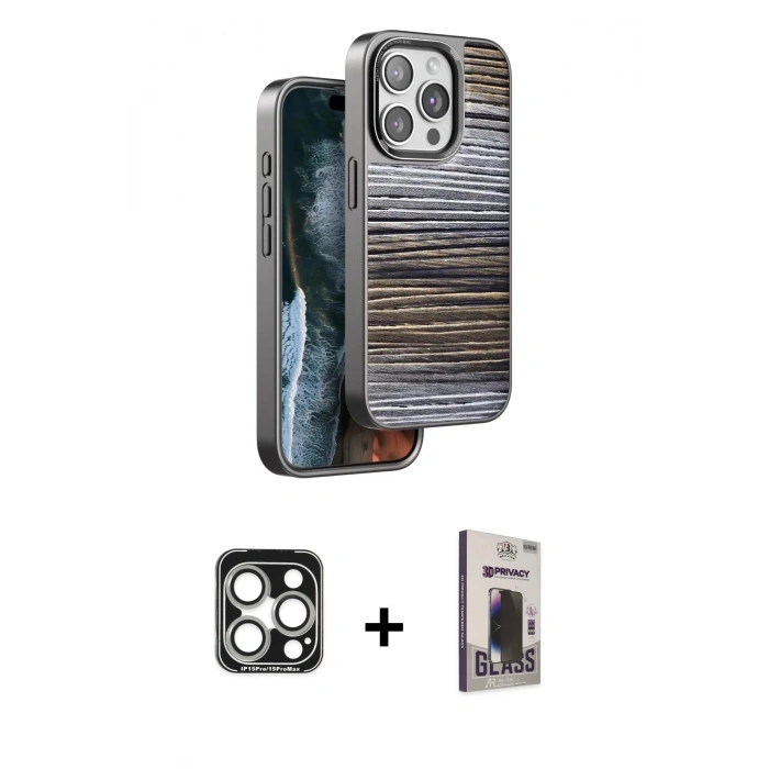 MARSİLYAN™- iPhone 15 Pro Max Kılıf Atlas Minimal Özel Seri - Siyah Bilvis Hayalet Cam Ekran Koruyucu + PVD Metal Kamera Lens - GS