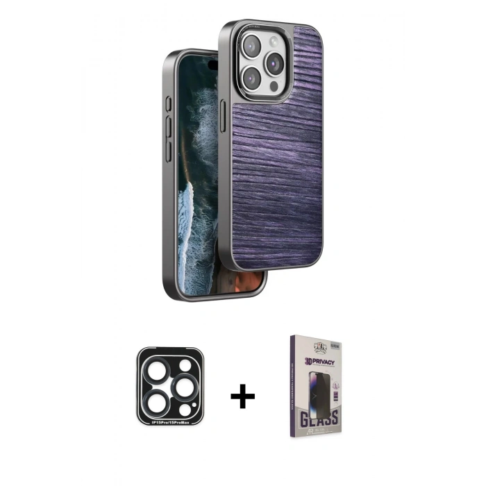 MARSİLYAN™- iPhone 15 Pro Max Kılıf Atlas Minimal Özel Seri - Siyah Bilvis Hayalet Cam Ekran Koruyucu + PVD Metal Kamera Lens - LT