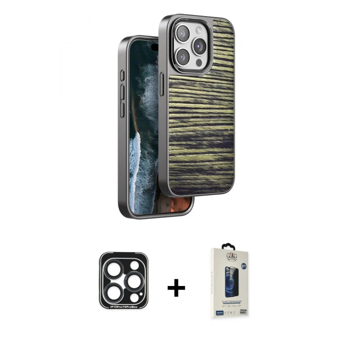 MARSİLYAN™- iPhone 15 Pro Max Kılıf Atlas Minimal Özel Seri - Siyah Bilvis Hayalet Cam Ekran Koruyucu + PVD Metal Kamera Lens - LT