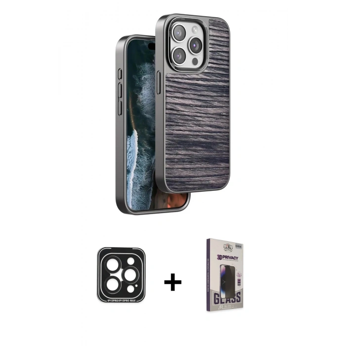 MARSİLYAN™- iPhone 15 Pro Max Kılıf Atlas Minimal Özel Seri - Siyah Bilvis Hayalet Cam Ekran Koruyucu + PVD Metal Kamera Lens - SH