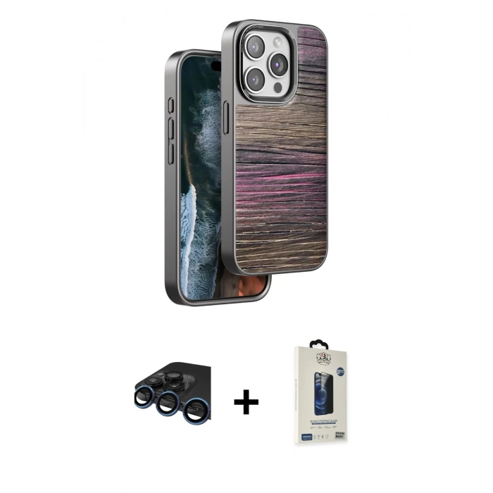 MARSİLYAN™- iPhone 15 Pro Max Kılıf Atlas Minimal Özel Seri - Siyah Bilvis Hayalet Cam Ekran Koruyucu + Raze Metal Kamera Lens - LT