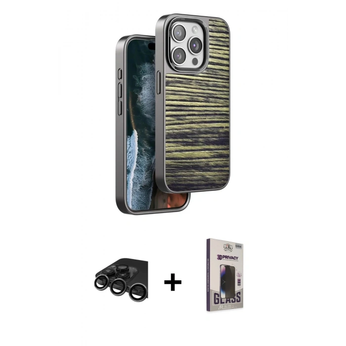 MARSİLYAN™- iPhone 15 Pro Max Kılıf Atlas Minimal Özel Seri - Siyah Bilvis Hayalet Cam Ekran Koruyucu + Raze Metal Kamera Lens - TMGI
