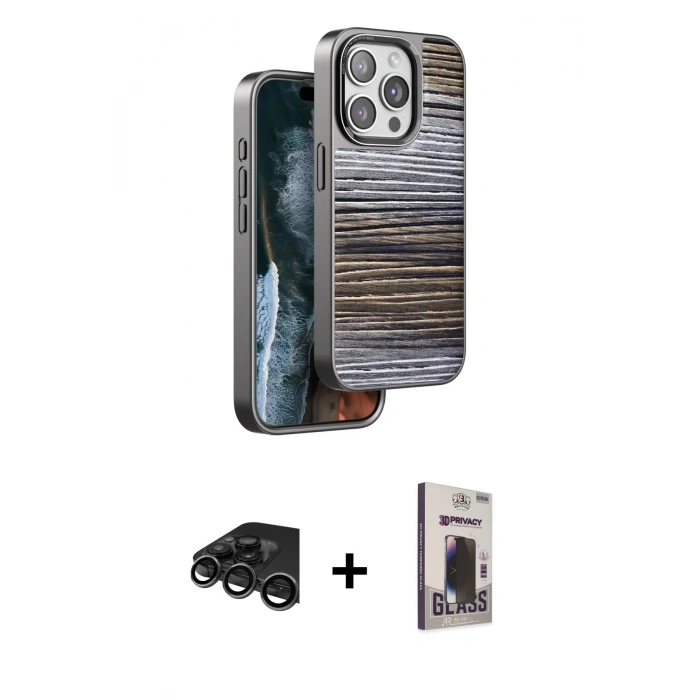 MARSİLYAN™- iPhone 15 Pro Max Kılıf Atlas Minimal Özel Seri - Siyah Bilvis Hayalet Cam Ekran Koruyucu + Raze Metal Kamera Lens - TMGI
