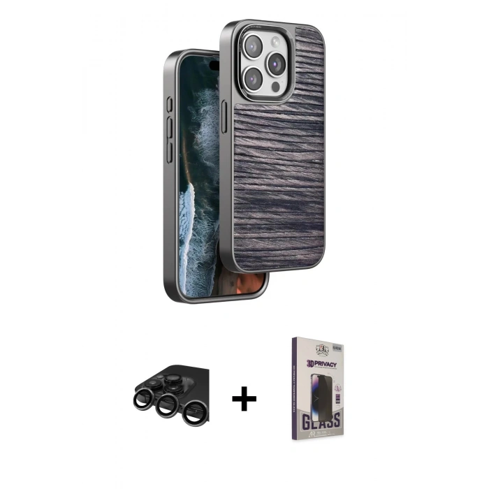 MARSİLYAN™- iPhone 15 Pro Max Kılıf Atlas Minimal Özel Seri - Siyah Bilvis Hayalet Cam Ekran Koruyucu + Raze Metal Kamera Lens - TMGI