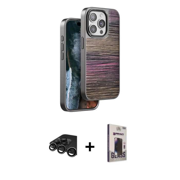 MARSİLYAN™- iPhone 15 Pro Max Kılıf Atlas Minimal Özel Seri - Siyah Bilvis Hayalet Cam Ekran Koruyucu + Raze Metal Kamera Lens - TMGI