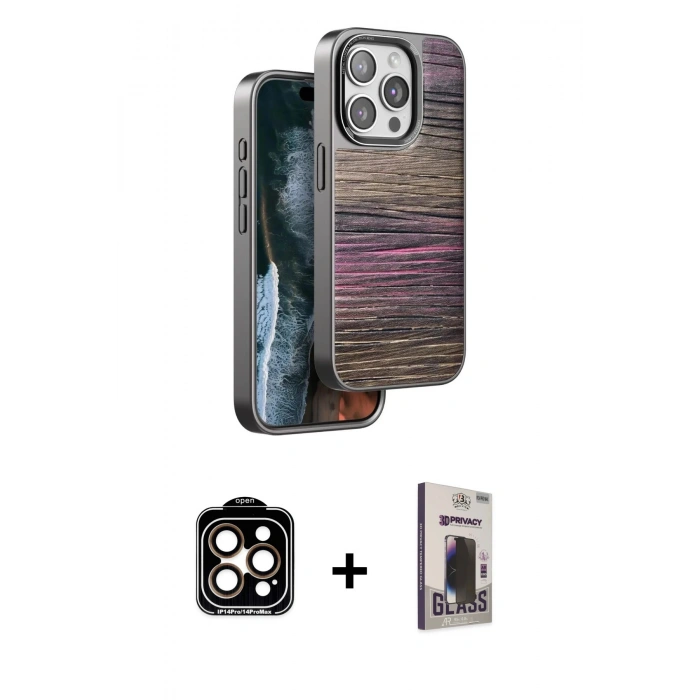 MARSİLYAN™- iPhone 15 Pro Max Kılıf Atlas Minimal Özel Seri - Siyah Bilvis Hayalet Cam Ekran Koruyucu + PVD Metal Kamera Lens - TU