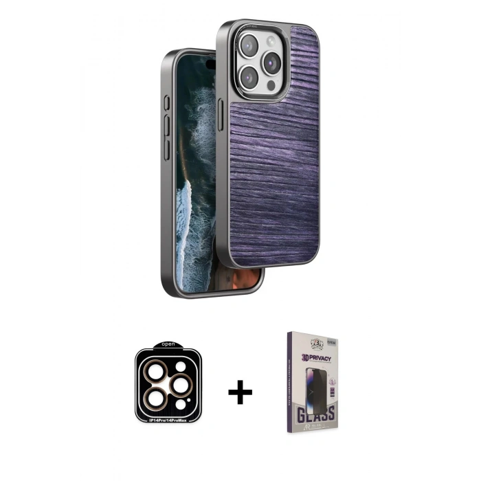 MARSİLYAN™- iPhone 15 Pro Max Kılıf Atlas Minimal Özel Seri - Siyah Bilvis Hayalet Cam Ekran Koruyucu + PVD Metal Kamera Lens - TU