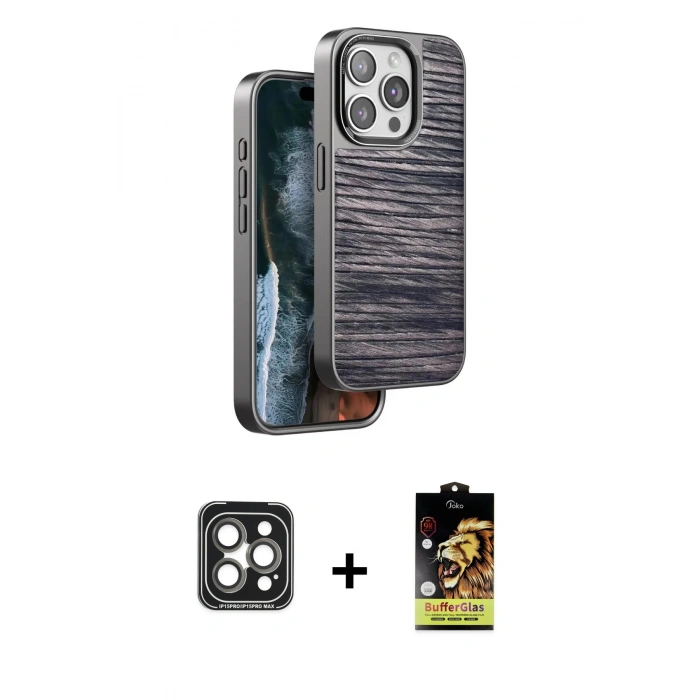 MARSİLYAN™- iPhone 15 Pro Max Kılıf Atlas Minimal Özel Seri - Siyah Buffer Cam Ekran Koruyucu + PVD Metal Kamera Lens - GI