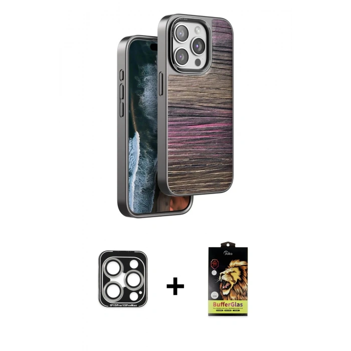 MARSİLYAN™- iPhone 15 Pro Max Kılıf Atlas Minimal Özel Seri - Siyah Buffer Cam Ekran Koruyucu + PVD Metal Kamera Lens - GS