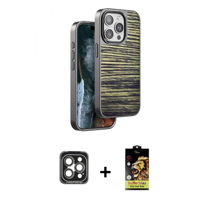 MARSİLYAN™- iPhone 15 Pro Max Kılıf Atlas Minimal Özel Seri - Siyah Buffer Cam Ekran Koruyucu + PVD Metal Kamera Lens - GI