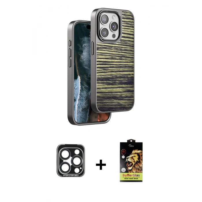 MARSİLYAN™- iPhone 15 Pro Max Kılıf Atlas Minimal Özel Seri - Siyah Buffer Cam Ekran Koruyucu + PVD Metal Kamera Lens - LT