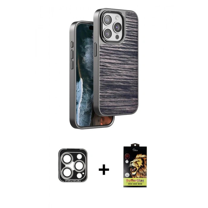 MARSİLYAN™- iPhone 15 Pro Max Kılıf Atlas Minimal Özel Seri - Siyah Buffer Cam Ekran Koruyucu + PVD Metal Kamera Lens - GS